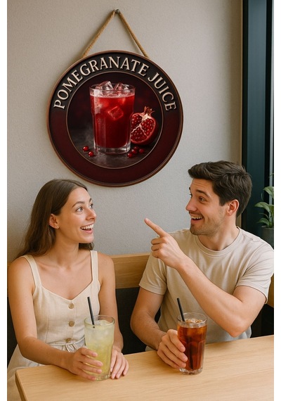 Pomegranate Juice Temalı Kapı Süsü Tablosu, Nar Suyu Konseptli Dekoratif Cafe Büfe Duvar Aksesuarı
