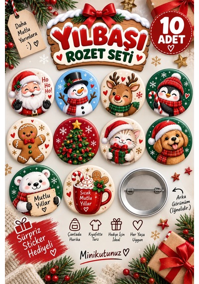 10 Lu Yılbaşı Temalı Rozet Seti Noel Baba, Kardan Adam, Geyik Ve Sevimli Yeni Yıl Rozetleri Diğer