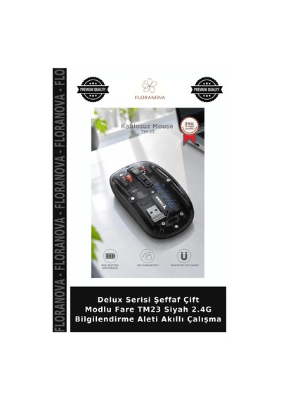 Delux Serisi Şeffaf Çift Modlu Fare Tm23 Siyah 2.4g Bilgilendirme Aleti Akıllı Çalışma