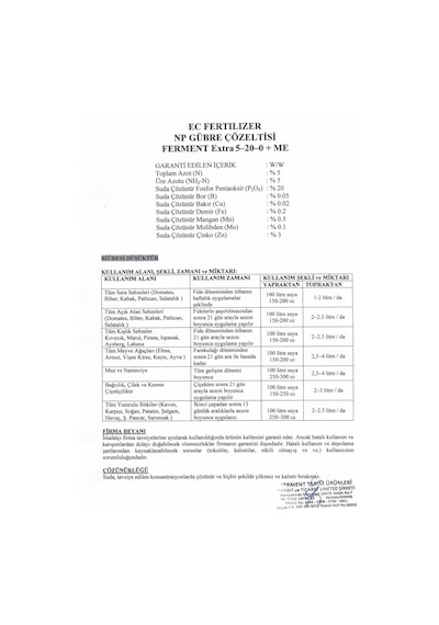 Ferment Extra Sıvı Gübre 1 L.%5 Azot %20 Fosfor-Mikro Elementler