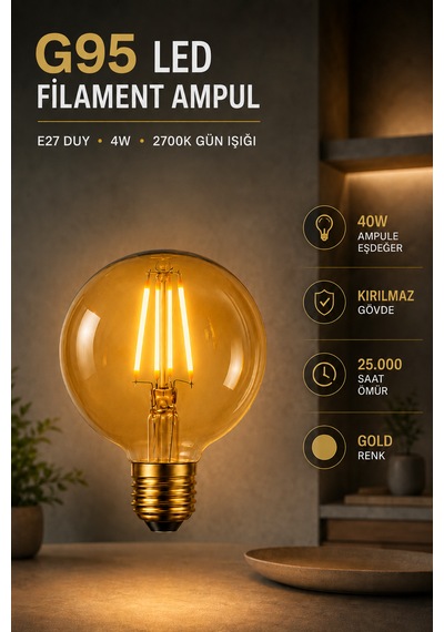 Rustik Led Kırılmaz Ampul G95 Glop E27 4w 2700k Sıcak Işık Gold Filament Dekoratif Dimmerli Tekli