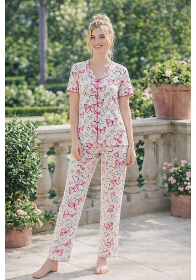 Kadın 01667 Kısa Kol Kaşkorse Pijama Takımı Çok Renkli