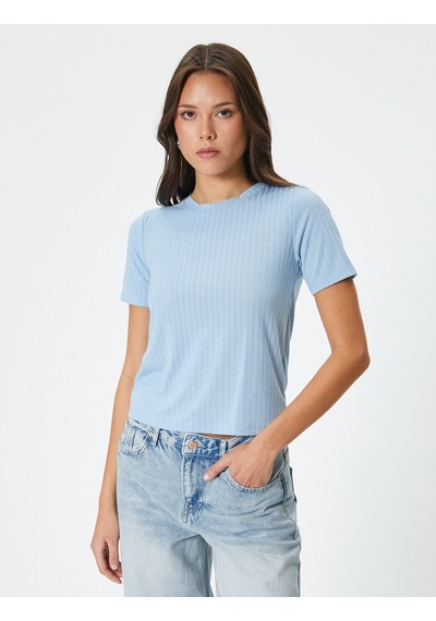 Koton Kısa Kollu Tişört Bisiklet Yaka Fitilli Slim Fit Mavi 4sak50238ek Mavi