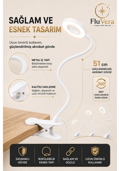 Usb Led Halka Masa Lambası 3 Renk Işık 360 Esnek Gövde Mandallı Klipsli Çalışma Okuma Makyaj Lambası Beyaz