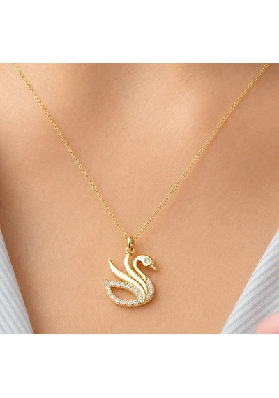 Premium Parlak Ve Şık Gold Renk Zarif Kuğu Kadın 925 Ayar Gümüş Kolye 45 Cm