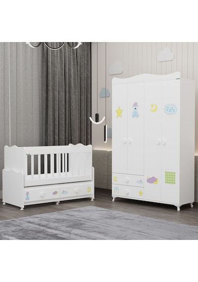 Elegant Beşik Ve Yıldız 4 Kapaklı Dolap- Uykucu Beyaz