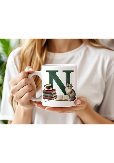 N Harf Kedi Ve Kitaplar Figürleri İle Kupa Bardak - Kitap Ve Kedi Severlere Özel - Manevi Hediye Beyaz