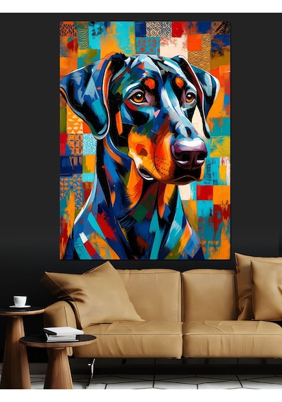 Ahşap Tablo Renkli Geometrik Doberman Köpek Portresi