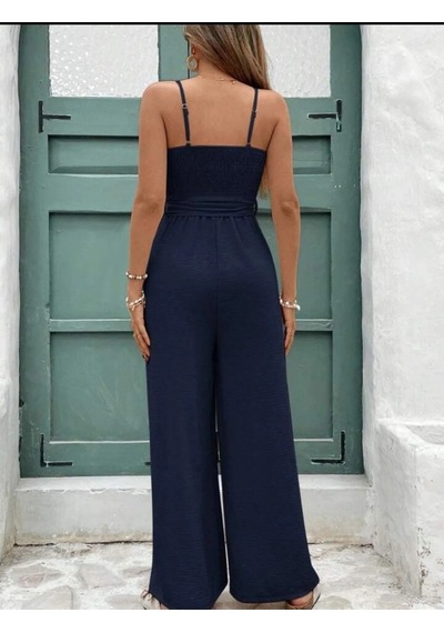 Defymoda Kadın Ip Askılı V Yakalı Belden Kuşaklı Uzun Aerobin Tulum Lacivert