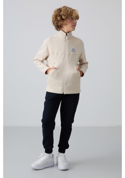 Tommylife Tommy Life Bej Pamuklu Kalın İçi Tüylü Yumuşak Dokulu Standart Fit Nakışlı Erkek Çocuk Sweatshirt - 11245 Bej