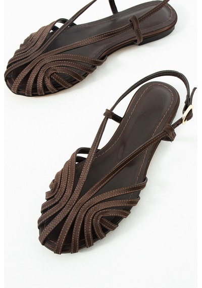 Duxal Shoes Alba Kafesli İnce Bantlı Düz Tabanlı Günlük Kadın Sandalet Acıkahve