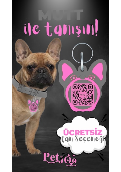 Petjoo 10.Mutt Pembe-Gri Qr'lı Köpek Künyesi