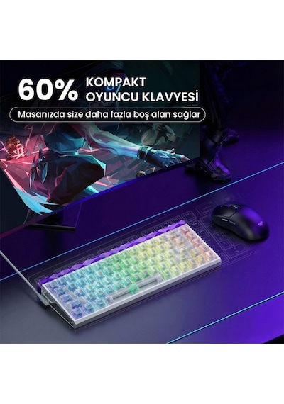 Aula Hero 68 He Manyetik Klavye Rapid Trigger Silver Switch 8000hz Rgb Neon Tkl Hot Swap Oyuncu Klavyesi Şeffaf