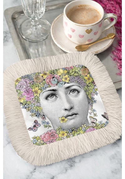 Çiçekli Portre Püsküllü Sunum Peçetesi - Vintage Bohem Pastel Krem Bardak Altlığı Mendil Sisli Açık Hardal