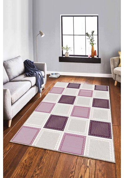 Mürdüm Geometrik Kaymaz Tabanlı Dekoratif Halı Dm002n11