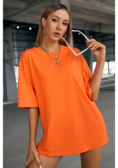 Oversize Unisex Baskısız T-shirt Turuncu