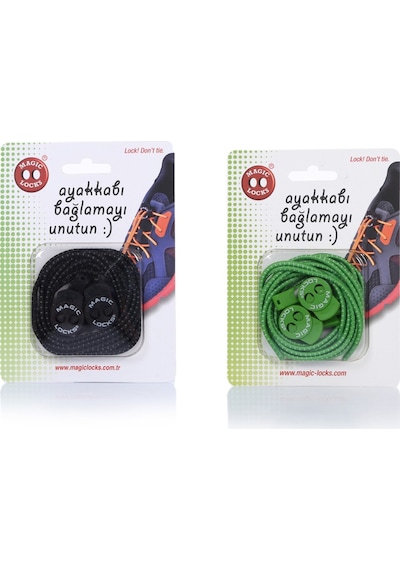 Magic Locks Yuvarlak Akıllı Ayakkabı Bağcık 2'li Set Siyah-Yeşil
