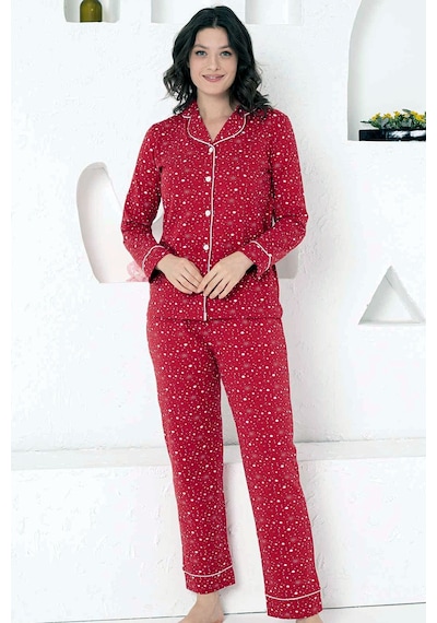 Alimer Kadın Kırmızı Desenli Likralı Kışlık Pijama Takımı Edy2769 Kırmızı