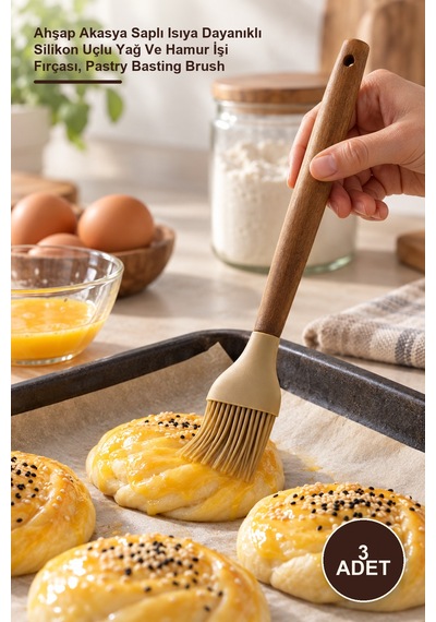 3 Adet Silikon Yumurta Fırçası Ahşap Akasya Saplı Isıya Dayanıklı Silikon Uçlu Yağ Ve Hamur İşi Fırçası, Pastry Basting Brush