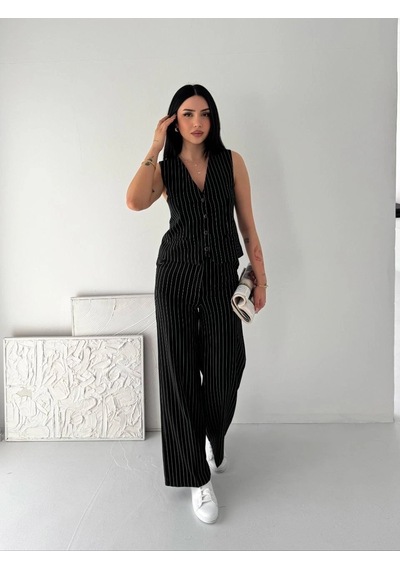 Moda Kadın Çizgili Tansel Kumaş Yelek Pantolon İkili Takım Ofis Şık Modern - Siyah Çok Renkli