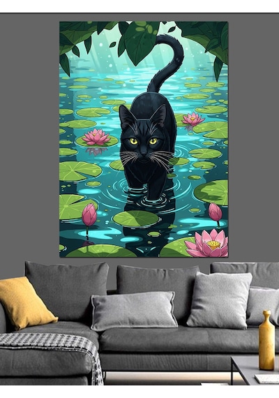 Ahşap Tablo Kara Kedi Göl Silüeti