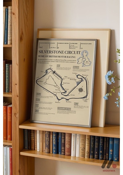 Silverstone Vintage Pist Haritası, Siyah Çerçeveli Duvar Tablosu - Oto Severlere Özel Hediye