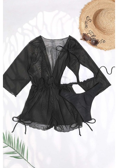 Angelsin Şifon Pareo Plaj Elbesi Cover Up Kimono Siyah 001