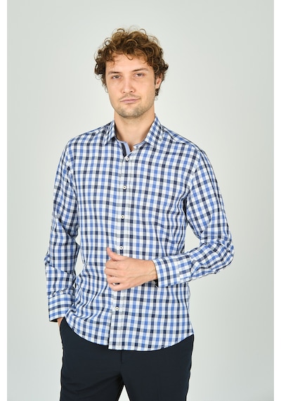 De Leone Erkek Slim Fit Kareli Uzun Kollu %100 Pamuk Gömlek 2240 Mavi Mavi