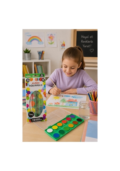 12 Renk Sulu Boya 28mm 1 Paket Alpino Aquarelle 12 Li Suluboya Fırça Hediyeli Canlı Renkler Kaliteli Yıkanabilir Zararsı Çok Renkli