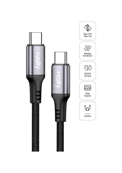 Type C Hızlı Şarj Kablosu Type-c To Type-c, 60w, 480mbps, 1.2m, Pd, Data, Dayanıklı Örgü V0201009