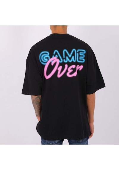 Flood Of Style Erkek Game Over Baskılı Oversize Bisiklet Yaka Tshirt Siyah
