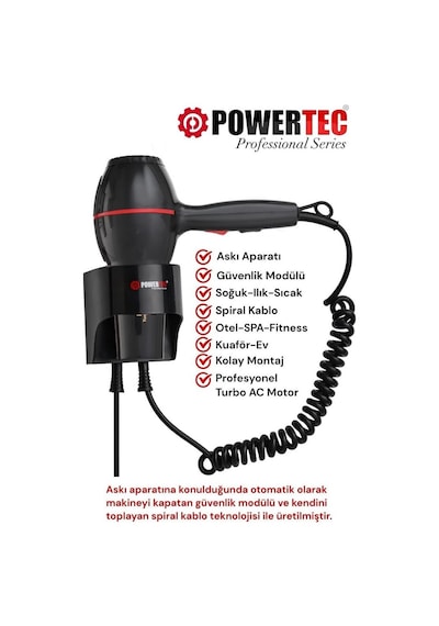 Powertec Tr-301 Otel Tipi Otomatik Kapanan Askı Aparatlı Duvara Monte Fön Makinesi Siyah