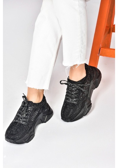 Fox Shoes Siyah Metal Taş Detaylı Kadın Spor Ayakkabı M444302814 Siyah-sim Siyah