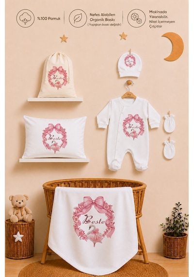 Pia Baby İsme Özel Kız Bebek %100 Pamuk Hastane Çıkışı Tulum Şapka Eldiven Kıyafet Keseli Hediye Seti 1030tybk0x Krem