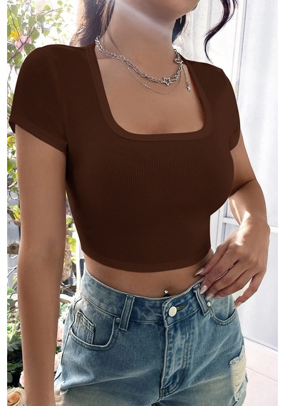 Angbutik Kadın Kahverengi Yarım Kol Düz Yaka Crop Top Bluz