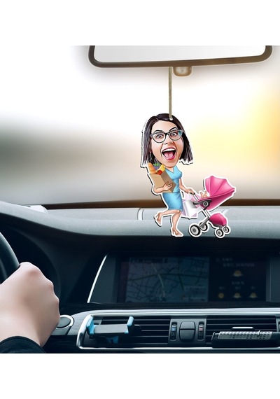 Kişiye Özel Ev Hanımı Karikatürlü Ahşap Araba Dikiz Ayna Süsü-1