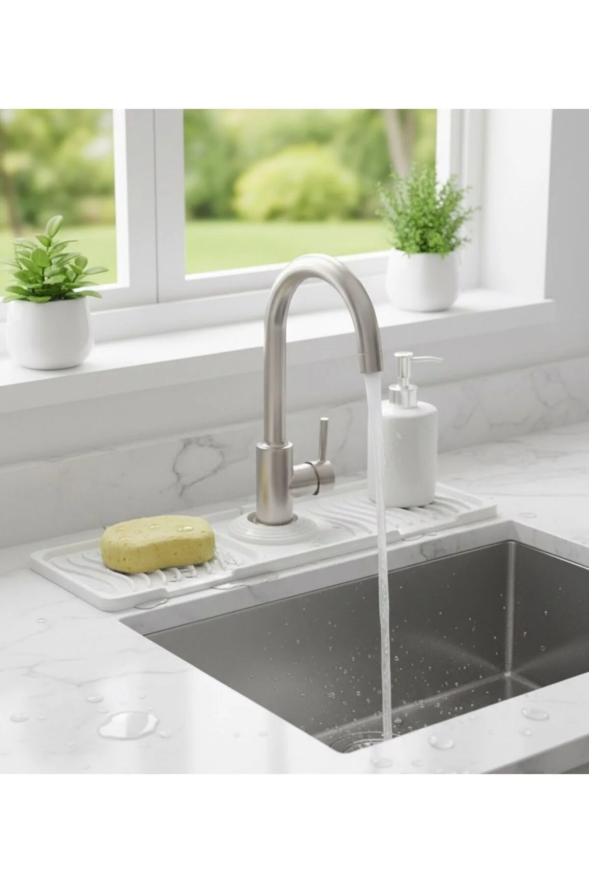 Silikon Musluk Matı Damlalık Suyu Önleyici Lavabo Kurutma Pedi Musluk Arkası Organizer Beyaz