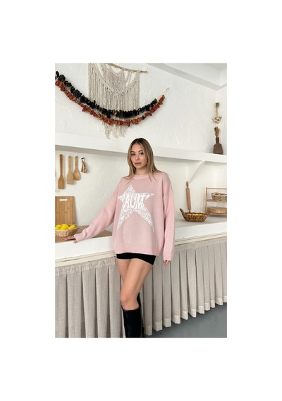 Flex Fashıon Kadın Popüler Yıldız Detaylı Salaş Oversize Trend Triko Kazak Pembee - 815291364 Pembee - 815291364 Pembee