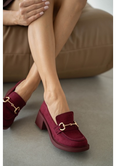 Selin Shoes Hily Gold Aksesuar Detay Kadın Loafer- Bordo Süet