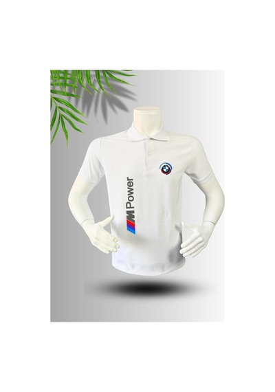 Frooy Bmw M Power Baskılı Polo Yaka Pamuklu T-shirt Beyaz