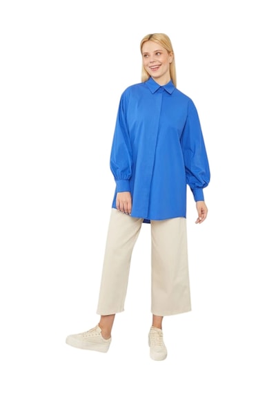 Levidor Oversize Balon Kol Poplin Gömlek Saks