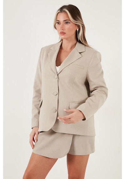 Lela Taşlı Regular Fit Broş Detaylı Ceket-Şort Etek Bayan Takım 6839618 Taş
