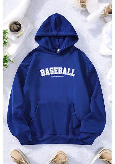 Baseball Baskılı Oversize Sweatshirt Mavi