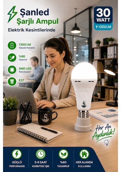 Şarjlı Akülü 30w Beyaz Işık Led Ampul 2 Adet 2 Adet