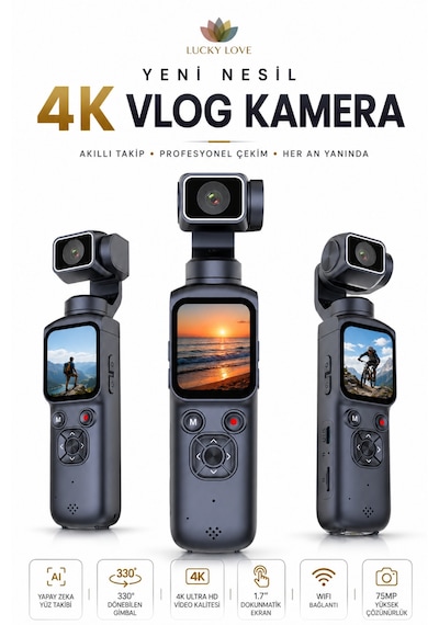 4k Ultra Hd Vlog Kamera 75mp Wifi Yapay Zeka Yüz Takipli 330 Gimbal 1.7 Dokunmatik Ekran 64gb Hafıza Kartlı