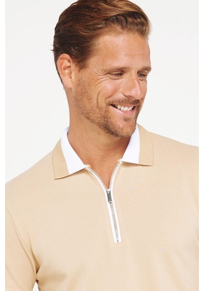 Tudors Erkek Slim Fit Dar Kesim %100 Pamuk Düz Pike Fermuarlı Kum Rengi Polo Yaka Tişört-31113 Kum
