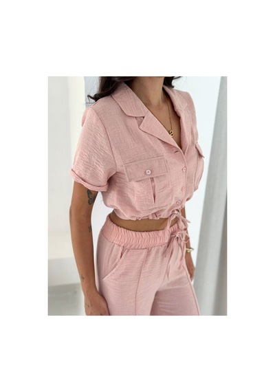Wellway İthal Keten Kumaş İplik Detaylı Crop Gömlek & Pantolon İkili Takım -pembe Pembe