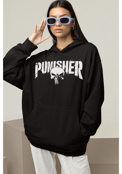 Sevbano Punisher Baskılı Unisex Oversize Hoodie Siyah