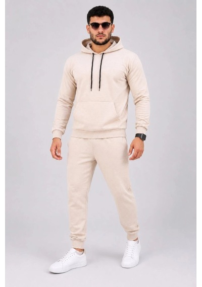 Moda Erkek İki İplik Kapüşonlu Kanguru Cepli Sweatshirt Jogger Pantolon Alt Üst Eşofman Takımı -bej Çok Renkli