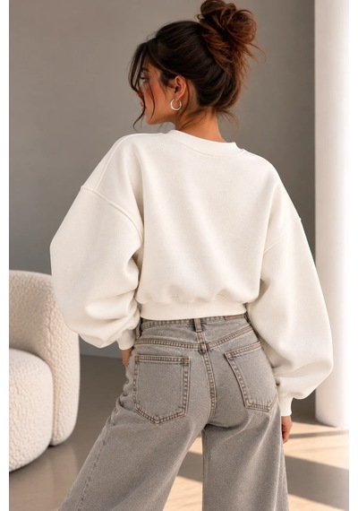 Bbbutikbasic 3 İplik Şardonlu Kısa Sweatshirt Bisiklet Yaka Kadın 3 İplik Şardonlu My3535 Ekru